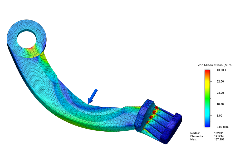 Finite element stress analysis of a spring-latch arm, von Mises stress contour on a parabolic tetrahedral mesh